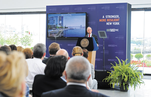 Downtown Express photo by Terese Loeb Kreuzer   Mayor Bloomberg outlined ideas Tuesday to prepare the city for future storms including possibly building “Seaport City,” a neighborhood patterned after Battery Park City.