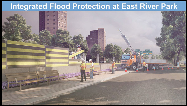 Image courtesy of the Mayor’s Office Rendering of temporary barriers that could be erected near East River Park.