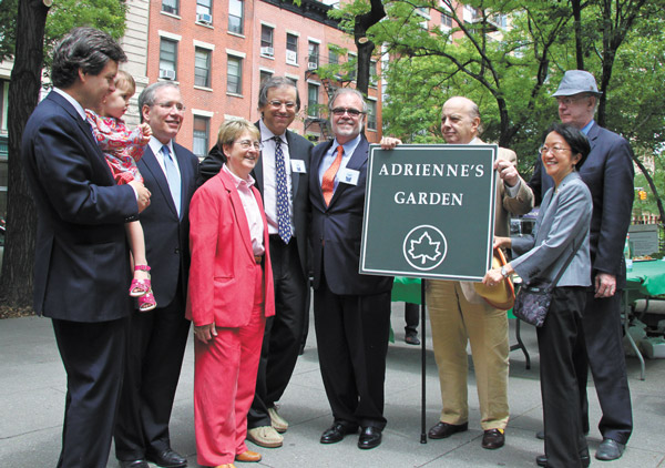 At the new playground’s dedication ceremony, from left, state Senator Brad Hoylman and his daughter, Silvia; Borough President Scott Stringer; Assemblymember Deborah Glick; former Councilmember Alan Gerson; Lawrence B. Goldberg; David Gruber, Community Board 2 chairperson; Councilmember Margaret Chin; and Bill Castro, Manhattan borough Parks Department commissioner. 