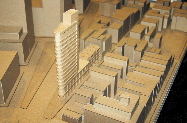 Time isn’t right for ‘clock tower,’ neighbors say 1 Photos by Tequila Minsky The 120 - 140 Sixth Ave. project’s proposed design is 18 stories and resembles a modern Downtown version of the Flatiron Building, but also sporting a big clock at its top on its northern side. The view above is from the south.
