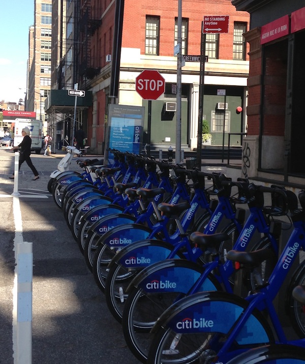 Transit Sam says the city Dept. of Transportation has agreed to put alternate side parking signs back near this Citi Bike station on Watts St., as a result of a question posed by a Downtown Express reader. Downtown Express photo by Marisa Cortright.