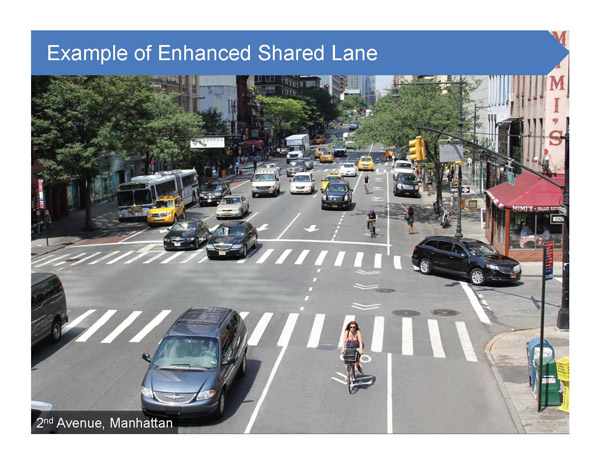The Dept. of Transportation hopes to put an “enhanced shared” bike lane like this one on Varick St. between Laight and Beach Sts. 