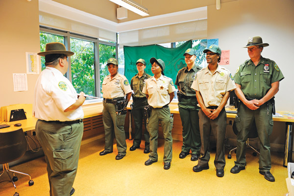 Capt. Edwin Falcon addressed the Parks Enforcement Patrol officers who have been assigned to the new Battery Park City North Command Center at 212 North End Ave. 