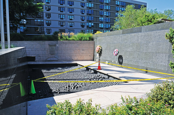 The New York City Police Memorial in Battery Park City is being partially repaired, but the Battery Park City Authority board of directors decided not to install the fountain’s new electrical system until after the hurricane season has passed.  Downtown Express photos by Terese Loeb Kreuzer 