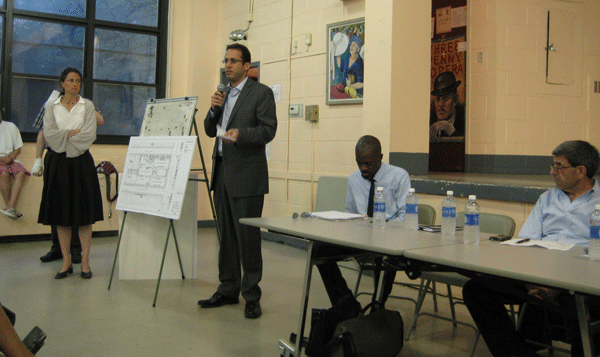Fulton Houses Residents Rise Up Against Playground-To-Parking Plan 3 Photos by Eileen Stukane Squinting won’t help: Artimus Construction’s poorly received presentation lacked handouts, projections.