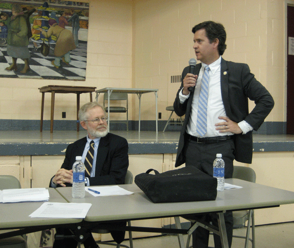 Fulton Houses Residents Rise Up Against Playground-To-Parking Plan 4 NY State Assemblymember Richard Gottfried (seated) and NY State Senator Brad Hoylman were vocal opponents of an affordable housing plan that would require the demolition of Fulton Houses amenities.