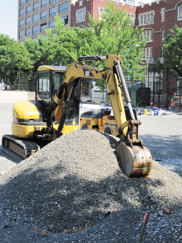 Photo by Lincoln Anderson At J.J. Walker Field “the mound” might as well refer to this pile of gravel where third base should be.