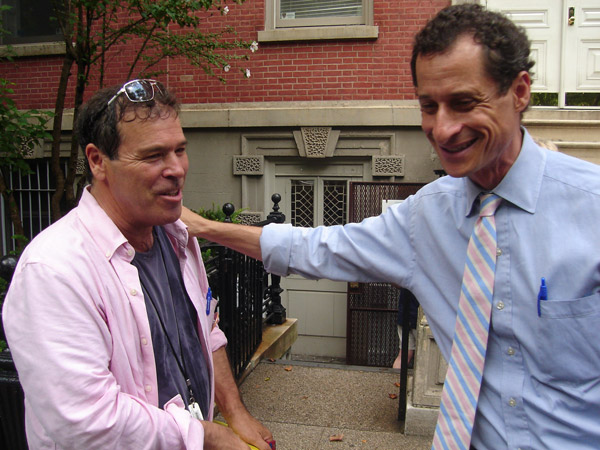 Photo by Sharon Woolums Anthony Weiner, right, shared a chuckle with fellow mayoral contender Randy Credico on Monday, but things got more serious — make that, nutso — on Tuesday as Sextgate, Part II, dropped.