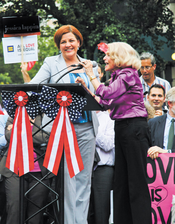 Photo by Tequila Minsky Victorious DOMA plaintiff Edie Windsor, right, spoke outside the Stonewall on Wednesday evening as Council Speaker Christine Quinn beamed proudly.