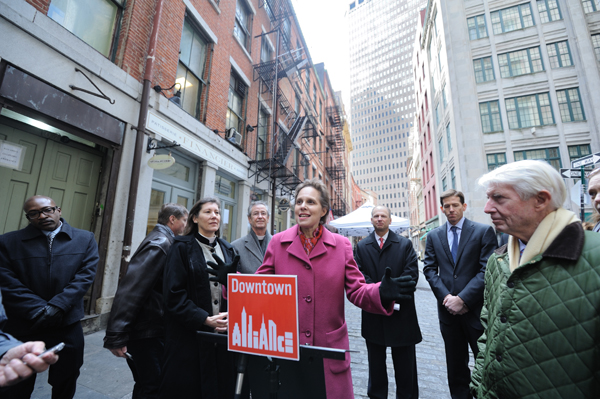 Liz Berger, Downtown Alliance president, announcing a grant program for small businesses affected by Superstorm Sandy on Nov. 19, 2012, three weeks after the storm. .Downtown Express file photo by Terese Loeb Kreuzer