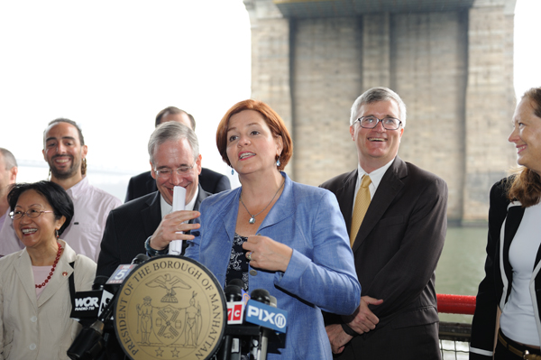City Council Speaker Christine Quinn announcing money for a park at the Brooklyn Bridge beach. Downtown Express photo by Terese Loeb Kreuzer
