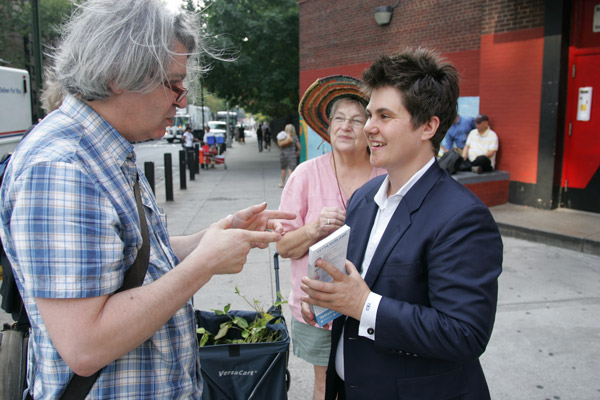 Photos by Sam Spokony Yetta Kurland greeted supporters near the polling place, at PS33 in Chelsea.