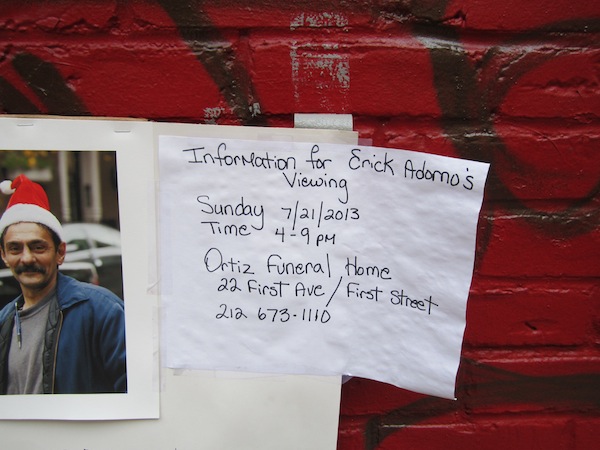 Photo by Lincoln Anderson A photo of Eric Adorno posted outside City Water Meter on E. 13th St. after his death.