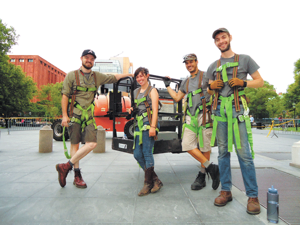 Photos courtesy the Parks Department Above left, from left, conservation apprentices Chad Shores, Molly Moser, David Espinosa and Gerrit Albertson. Above right, Christine Djuric and Molly Moser raked mortar joints on the arch’s parapet. 