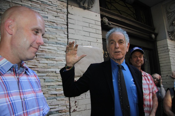 Photos by Tequila Minsky Jazz virtuoso David Amram spoke at the San Remo plaque dedication ceremony, as Andrew Berman, left, and Phil Hartman, right, listened.