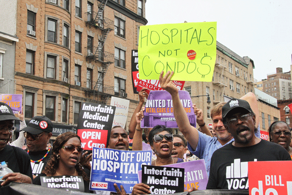 Photo by Tequila Minsky Hospital workers turned out in force at Monday’s de Blasio rally in the Village, and said they’ll be back for an even bigger rally on Aug. 29. 