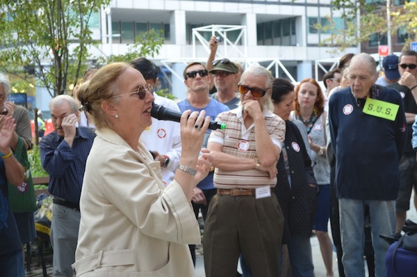Gale Brewer, the Democratic nominee for Manhattan borough president, spoke at the Save Our Seaport rally on Saturday. 