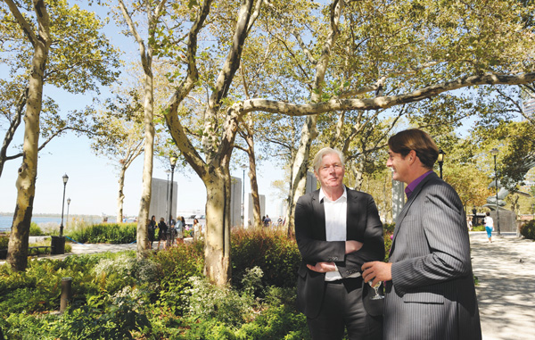 Downtown Express photos by Terese Loeb Kreuzer Dutch landscape designer, Piet Oudolf, with Robert Kloos, director for visual arts and architecture for the Netherlands Consulate General in New York in Battery Park on Sept. 18, 2013 at a reception for Oudolf, who created the horticultural master plan for the park.  