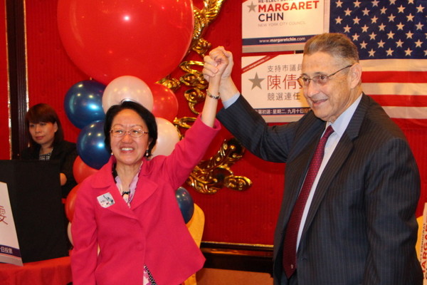 Councilmember Margaret Chin celebrated her victory Tuesday night with Assembly Speaker Sheldon Silver. Downtown Exoress photo by Kaitlyn Meadee