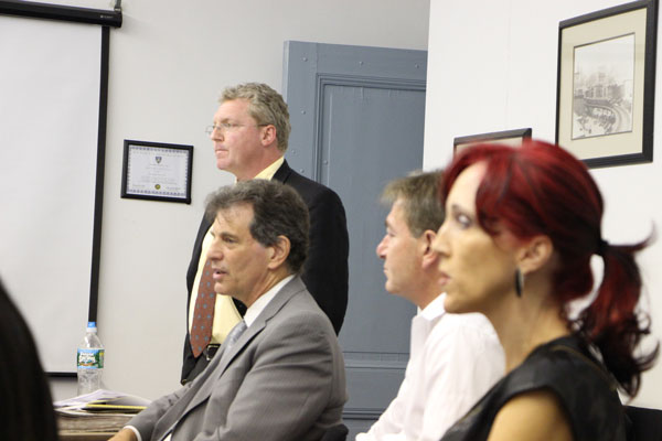 Strip club or not, committee says no to cabaret license 1 Matt Leone, left, advocates for his client Peter Kotsonis, center, seated between C.B. 1 members Joel Kopel and Elizabeth Lamere. Downtown Express photo by Kaitlyn Meade