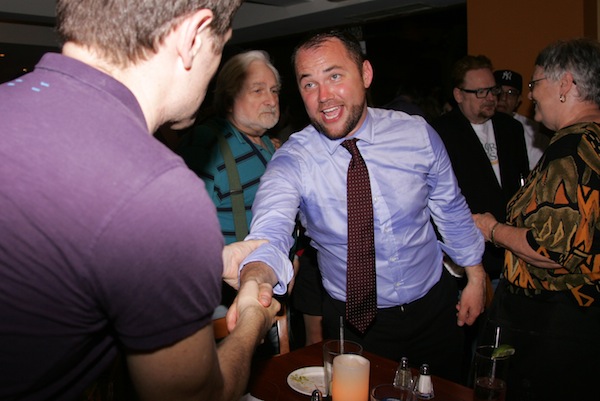 Photo by Sam Spokony A jubilant Corey Johnson shook hands with supporters moments after declaring victory in the Council District 3 Democratic primary election.