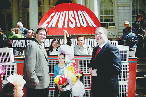 In May 2006, at a City Hall steps rally to celebrate the Landmarks Preservation Commission’s decision to consider designating the old P.S. 64 / Charas / El Bohio, from left, then C.B. 3 Chairperson David McWater, Councilmember Rosie Mendez, local activist / dancer Clara Ruf-Maldonado, Congressmember Nydia Velazquez and Borough President Scott Stringer.