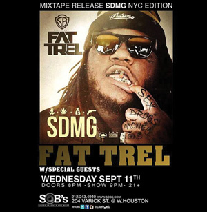 The promo invite for Fat Trel’s release of his mixtape, “SDMG” (Sex, Drugs, Money, Guns) at SOB’s on Sept. 11.