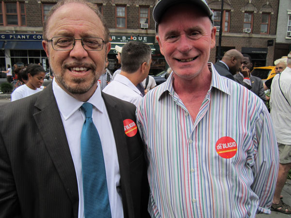 Photo by Lincoln Anderson Arthur Schwartz, left, and John Scott, Tribeca’s district leader, at Bill de Blasio’s “Hospitals Not Condos” campaign rally last month across the street from the site of the former St. Vincent’s Hospital.