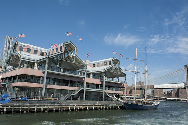 Pier 17 with the Clipper City ship docked outside.. Downtown Express photo by Terese Loeb Kreuzer.