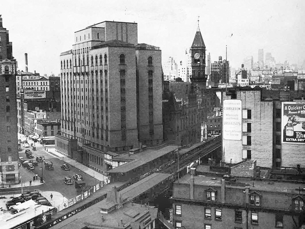 The Women’s House of Detention in 1938 — with the soon-to-be-demolished Sixth Ave. El in the foreground —looking northwest from W. Eighth St. and Greenwich Ave.