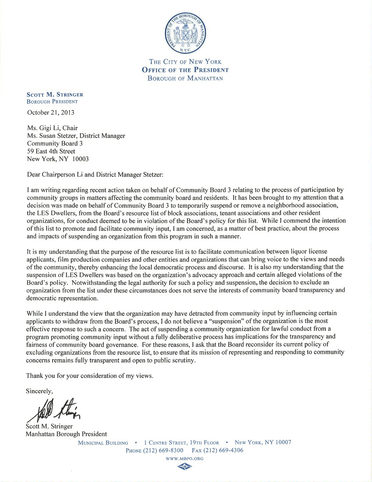 Borough President Scott Stringer's letter to C.B. 3's Gigi Li and Susan Stetzer.