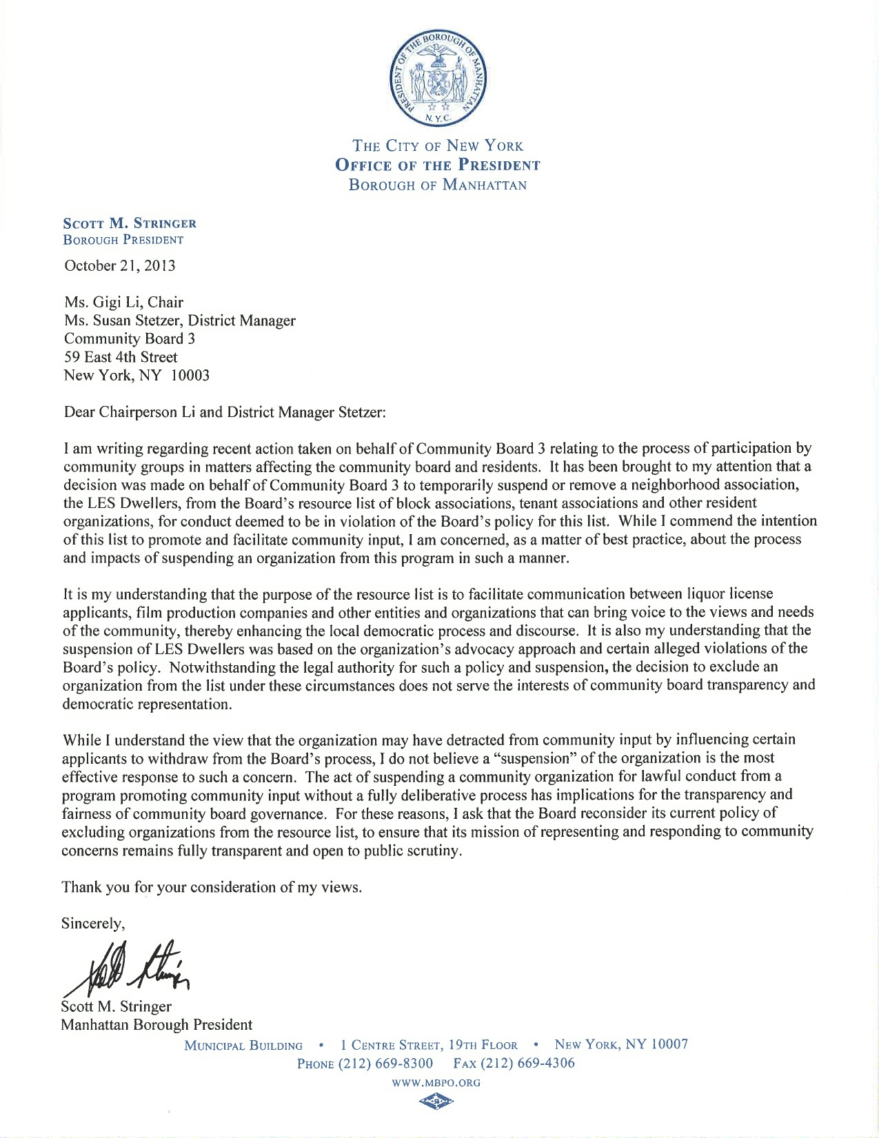 Borough President Scott Stringer's letter to C.B. 3's Gigi Li and Susan Stetzer.