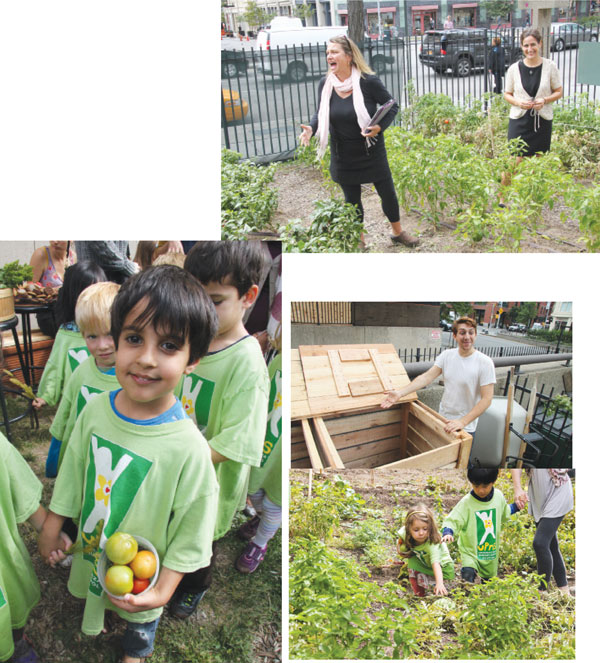 Downtown Express photos by Tequila Minsky  N.Y.U. Associate Professor Jennifer Berg spoke about the N.Y.U. Food Studies Program and the value of the Urban Farm while her colleague Amy Bentley looked on, above. Meanwhile, Zubin, 4½ (with container of tomatoes), lower left, and fellow preschoolers harvested crops from their rows in the garden. N.Y.U. student Alex Wolf, below, showed that the garden’s composter is ready for action.