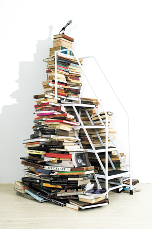 Satch Hoyt: “Say It Loud” (2004, books, metal staircase, microphone, speakers and sound. Dimensions: variable).  PHOTO BY PETER GABRIEL, COURTESY OF THE ARTIST