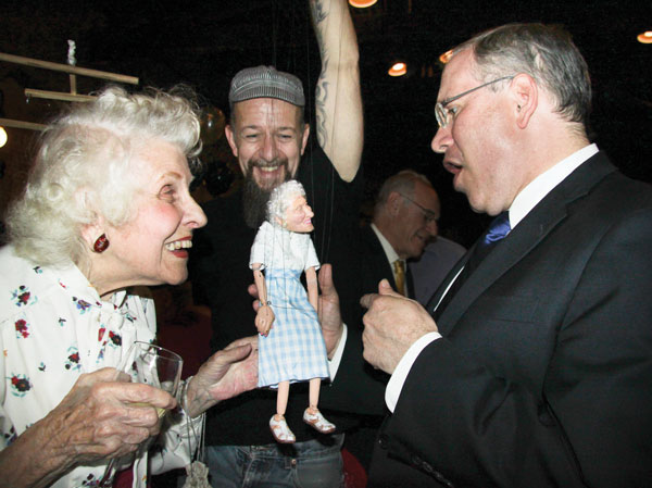 Borough President Scott Stringer, right, met Little Doris, to the delight of marionette manipulator Ricky Syers and Big Doris.