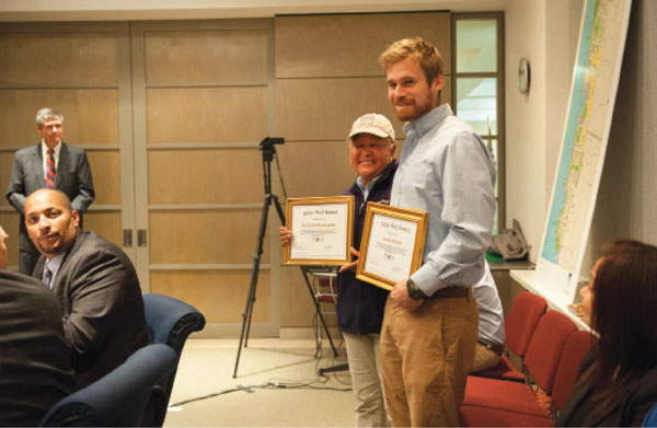 Gladys Pearlman and James Miner, staff members of the Battery Park City Parks Conservancy, were commended this week by the Battery Park City Authority for their actions on Sept. 27 that led to the apprehension of a man at the ball fields who was attempting to lure  children away from soccer practice. 