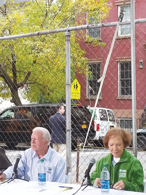 Jimmy and Rosalynn Carter at the press conference on E. Sixth St. during which they talked about the Mascot Flats project 30 years ago, which really brought widespread notice to Habitat for Humanity for the first time.