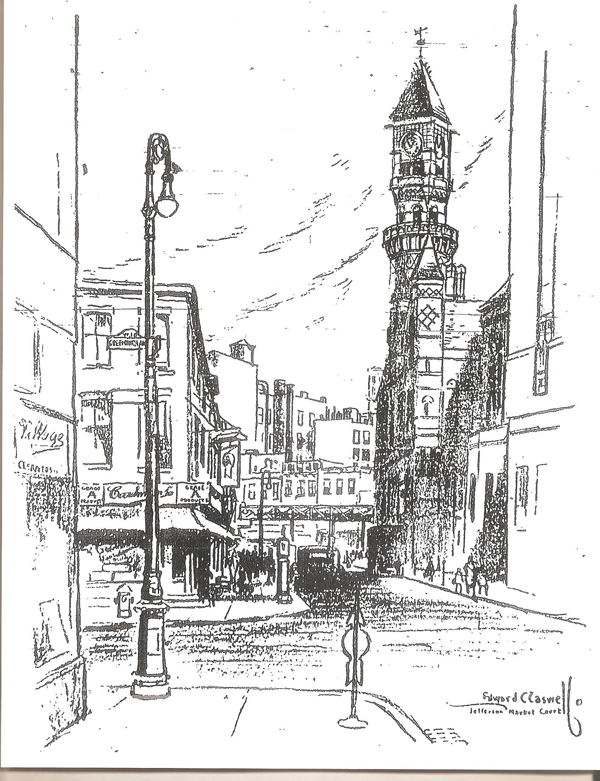 Caswell’s drawing of Jefferson Market Courthouse, from The Villager’s August 1933 front page. 