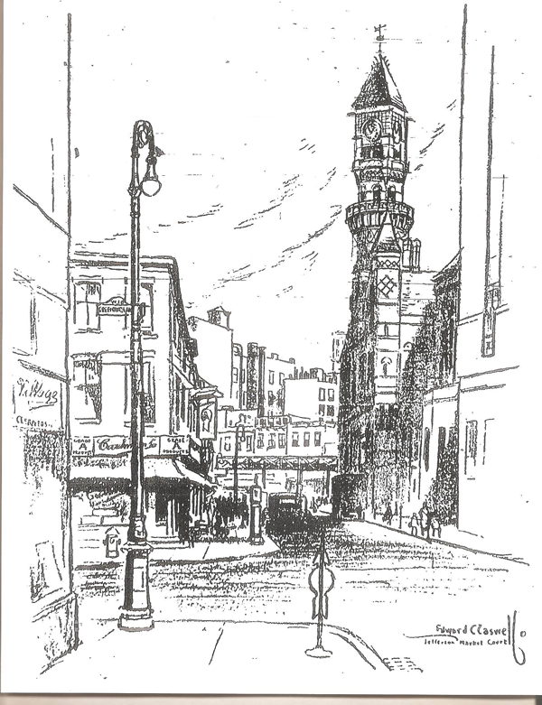 Cover illustrator Caswell kept ‘close to the ground’ 2 Caswell’s drawing of Jefferson Market Courthouse, from The Villager’s August 1933 front page.