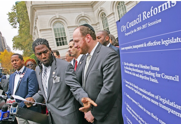 Councilmember Jumaane Williams at the Oct. 30 press conference outlining City Council reforms. Downtown Express photo by Sam Spokony.