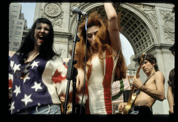 The High Times Soul Assassins Band playing at the “Free the Weed” rally at Washington Square Park in 1989. From left, Abby, Kimona 117 and Steve Hager.  PHOTO BY JOHN PENLEY