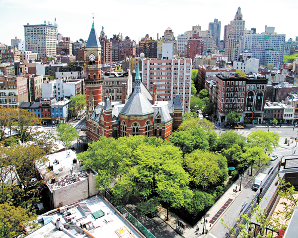 An overhead view of the Jefferson Market Garden, which was created on the site of the former House of Detention.