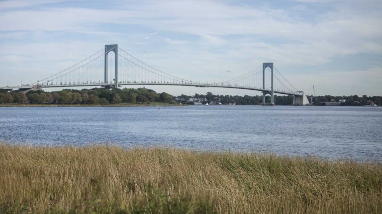 A view of the Throngs Neck Bridge from Castle Hill Park.