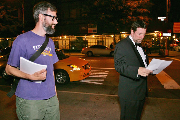 Photos by Sam Spokony Outside the gala, James McGregor, an employee of 1199 SEIU Healthcare Workers East, left, handed out fliers about the accusations against N.Y.U. Law trustees Daniel Straus, Zachary Carter and Vincent Tese.