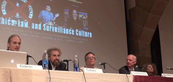 Panel tears the lid off the culture of surveillance 1 Other panelists included East Village Internet entrepreneur Paul Garrin, left, and radical attorney Stanley Cohen. Photo by Sarah Ferguson