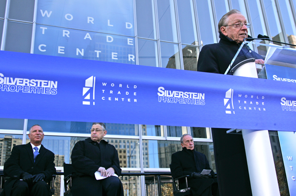 World Trade Center Developer Larry Silverstein spoke to mark the opening of 4 W.T.C., flanked by Cuomo aide Howard Glaser, Assembly Speaker Sheldon Silver and Mayor Michael Bloomberg. Downtown Express photo by Sam Spokony