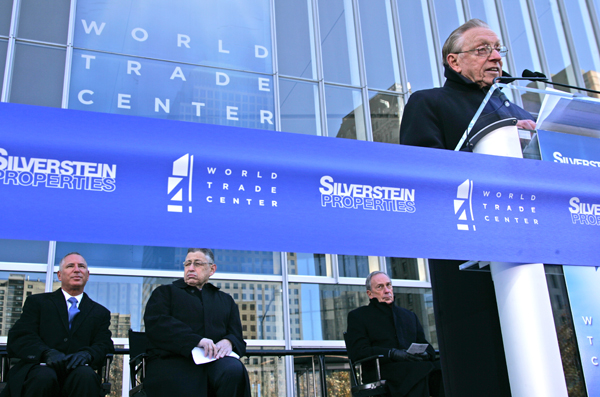 Twelve years in the making, 4 World Trade Center opens 1 World Trade Center Developer Larry Silverstein spoke to mark the opening of 4 W.T.C., flanked by Cuomo aide Howard Glaser, Assembly Speaker Sheldon Silver and Mayor Michael Bloomberg. Downtown Express photo by Sam Spokony