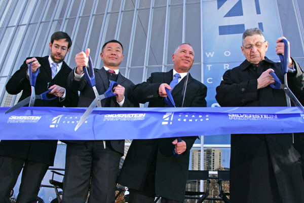 State Senator Daniel Squadron, Comptroller John Liu, Cuomo aide Howard Glaser and Assembly Speaker Sheldon Silver helped cut the ribbon at 4 W.T.C. Downtown Express photo by Sam Spokony