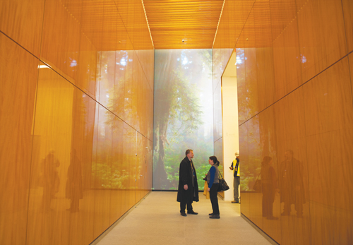  Changing photographs of landscapes and the sky are projected on a wall of the lobby at 4 World Trade Center.