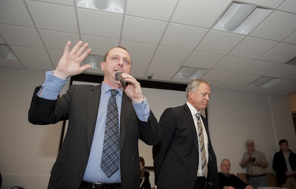 Gregg Pasquarelli, a founding partner of SHoP Architects, and Christopher Curry, executive vice president of The Howard Hughes Corporation, presenting Hughes' plans for the South Street Seaport to Community Board 1's Seaport Committee on Nov. 19. Downtown Express photo by Terese Loeb Kreuzer 